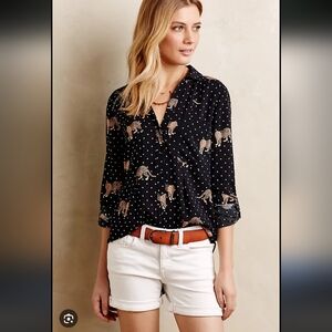 412-Maeve Black Polka Dot Blouse with Tan Leopard Print